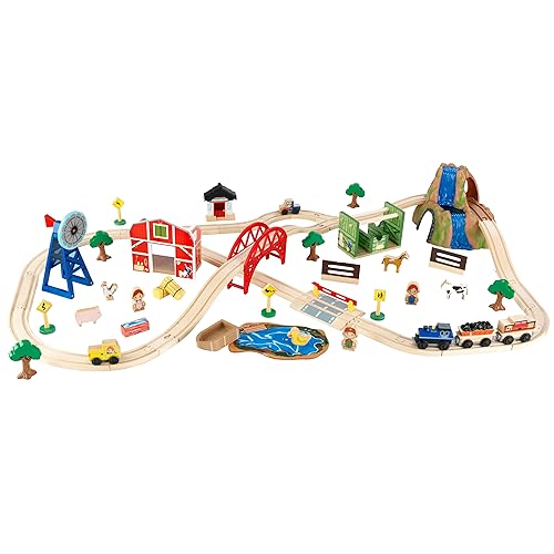 KidKraft 17827 Bauernhof Holzeisenbahn-Set für Kinder mit 75 Spielteilen inklusiv Spielzeug-Tieren und Zubehör von KidKraft