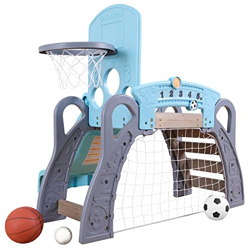 KidKraft 5-in-1 Sport Klettergerüst für Kleinkinder mit Rutsche, Fußballtor, Basketballkorb und 3 Bällen, Spielplatz drinnen und draußen, Kletterbogen, Spielzeug für Kinder, 20193 von KidKraft