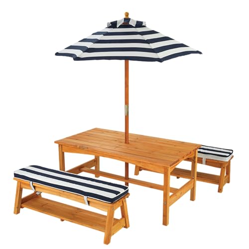 KidKraft Gartentisch mit Bank, Kissen und Sonnenschirm für Kinder, Outdoor Gartenmöbel aus Holz für Kinder, Marineblau-Weiß gestreift, 106 von KidKraft