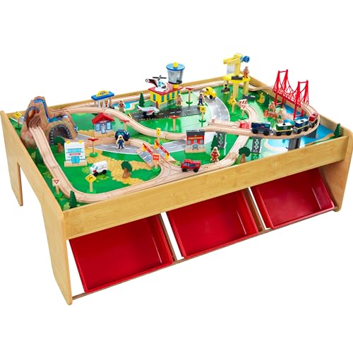 KidKraft Holzeisenbahn und Spieltisch Waterfall Mountain mit Aufbewahrungsbox, Eisenbahn mit Zubehör und Baustellenfahrzeuge, Flugzeug und Zug Spielzeug für Kinder 3+ Jahre, 17850 von KidKraft