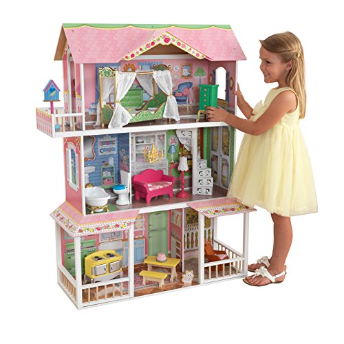 KidKraft Sweet Savannah Puppenhaus aus Holz mit Möbeln und Zubehör, Spielset mit Katze und Himmelbett für 30 cm große Puppen, Spielzeug für Kinder ab 3 Jahre, 65851 von KidKraft