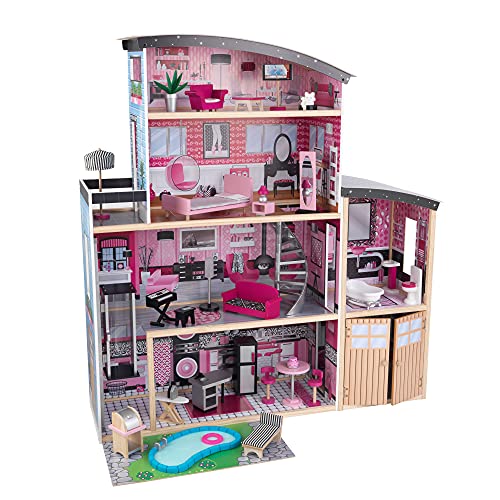 KidKraft Sparkle Mansion Puppenhaus aus Holz mit Möbeln und Zubehör, Spielset mit Katze, Aufzug, Garage und Pool für 30 cm große Puppen, Spielzeug für Kinder ab 3 Jahre, 65826 von KidKraft