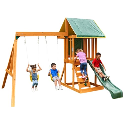 KidKraft Appleton Outdoor Klettergerüst aus Holz für Kinder mit Rutsche, Schaukel, Kletterwand und Sandkasten, Gartenspielzeug, Outdoor Spielturm für den Garten, F24148E [Exklusiv bei Amazon] von KidKraft