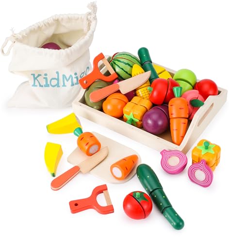 KidMigo Kinderküche Zubehör, Kinderküche Holz, 19 Artikel, 35 Stück Schneidespielzeug mit Serviertablett, Küchenspielzeug mit Leinwand-Aufbewahrungstasche, Holzspielzeug 2 Jahre von KidMigo