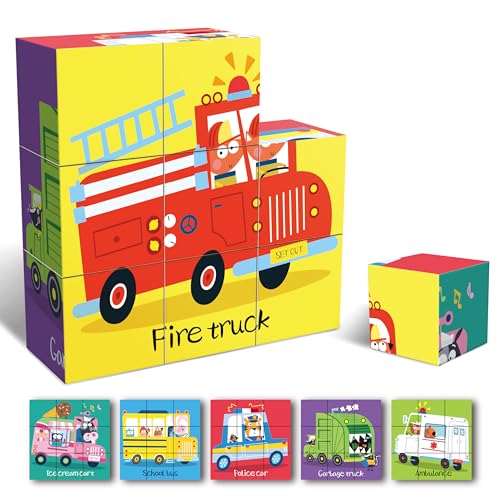 KidMigo Kinderpuzzle Bilderwürfel, 6 in 1 Baby Puzzle 3D Würfelpuzzle, Puzzlespiele mit 9 Würfel, Puzzle 2 3 4 Jahre, Spiele für Kinder ab 1 2 3 Jahr, 18.5 x 18.5cm, Fahrzeuge von KidMigo