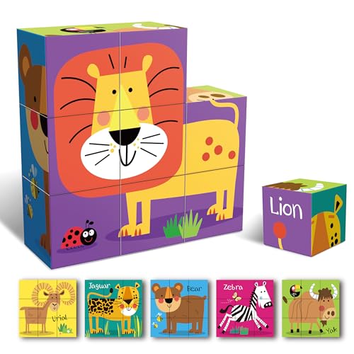 KidMigo Kinderpuzzle Bilderwürfel, 6 in 1 Baby Puzzle 3D Würfelpuzzle, Puzzlespiele mit 9 Würfel, Puzzle 2 3 4 Jahre, Spiele für Kinder ab 1 2 3 Jahr, 18.5 x 18.5cm, Tier von KidMigo