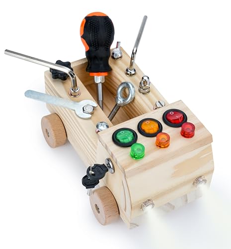 KidMigo Montessori Spielzeug ab 1 Jahr, Holz Busy Board mit LED-Lichtschalter und Schraubendreher Tools, Motorikbrett, Sensorik Spielzeug, Montessori Spielzeug ab 2 3 4 5 Jahre von KidMigo