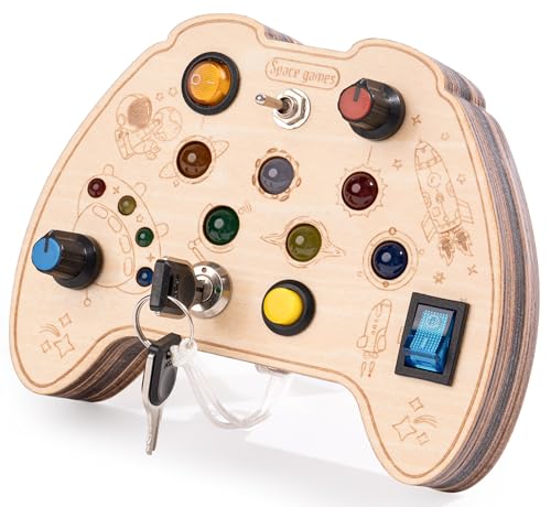 KidMigo Montessori Spielzeug, Holz Busy Board mit LED-Lichtschaltern, Schlüsselschaltern für Motorikspielzeug Fähigkeiten, Sensorik Spielzeug für Kinder ab 2 bis 5 Jahren von KidMigo