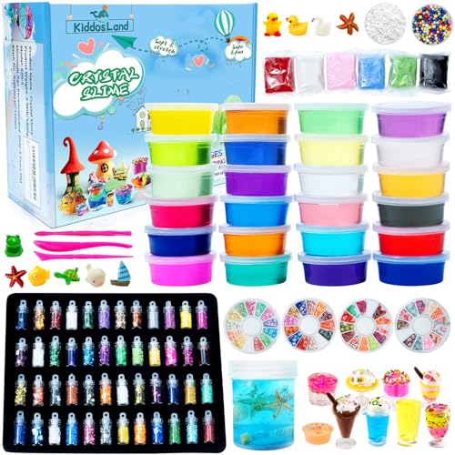 DIY Slime Fluffy Kit - 24 Farben Schleim Kit für Mädchen Jungs Spielzeug mit 48 Glitter-Pulver, klares Schleim-Zubehör für Kunsthandwerk für Kinder, lufttrockenen Lehm, Fruchtscheiben und -werkzeug von KiddosLand