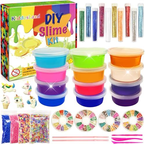 KiddosLand DIY Slime Kit-12 Farben Crystal Slime, Schleim Selber Machen mit Glitzer Charmes Werkzeug und mehr. Ideales Spielzeug, Geschenk für Kinder ab 6 Jahren von KiddosLand