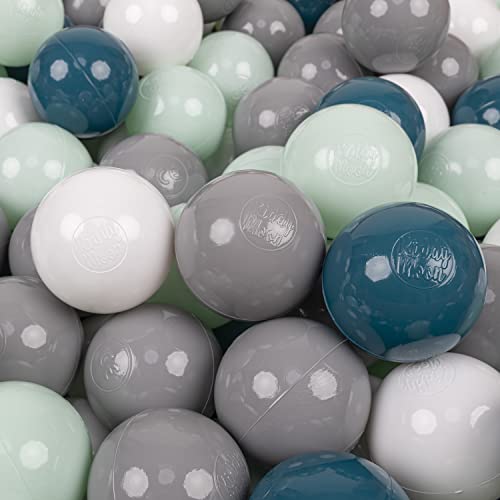 KiddyMoon 300 Bälle/7Cm Kinder Bälle Spielbälle Für Bällebad Baby Einfarbige Plastikbälle Made In EU, Dunkeltürkis/Grau/Weiß/Minze von KiddyMoon