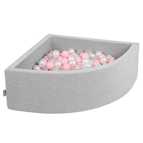 KiddyMoon Viertel Eckig Bällebad Bällepool 90X30cm/200 Bälle ∅ 7Cm Ballgruben Für Babys Spielbad Kleinkinder, Hergestellt In Der EU, Hellgrau:Puderosa/Perle/Transparent von KiddyMoon