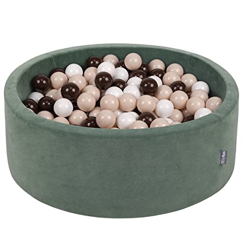 KiddyMoon Rund Bällebad Velvet Bällepool 90X30cm/200 Bälle ∅ 7Cm Ballgruben Für Babys Spielbad Kleinkinder, Hergestellt In EU, Waldgrün: Pastellbeige/Braun/Weiß von KiddyMoon