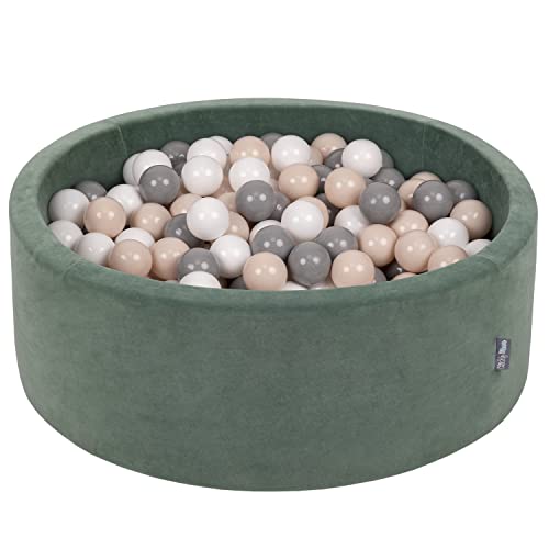 KiddyMoon Rund Bällebad Velvet Bällepool 90X30cm/300 Bälle ∅ 7Cm Ballgruben Für Babys Spielbad Kleinkinder, Hergestellt In EU, Waldgrün: Pastellbeige/Grau/Weiß von KiddyMoon