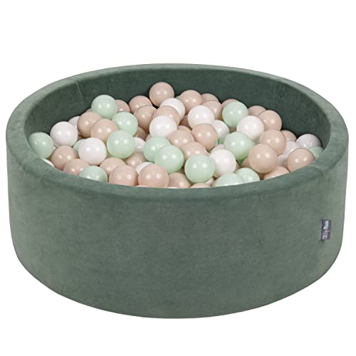 KiddyMoon Rund Bällebad Velvet Bällepool 90X30cm/300 Bälle ∅ 7Cm Ballgruben Für Babys Spielbad Kleinkinder, Hergestellt In EU, Waldgrün: Pastellbeige/Weiß/Minze von KiddyMoon