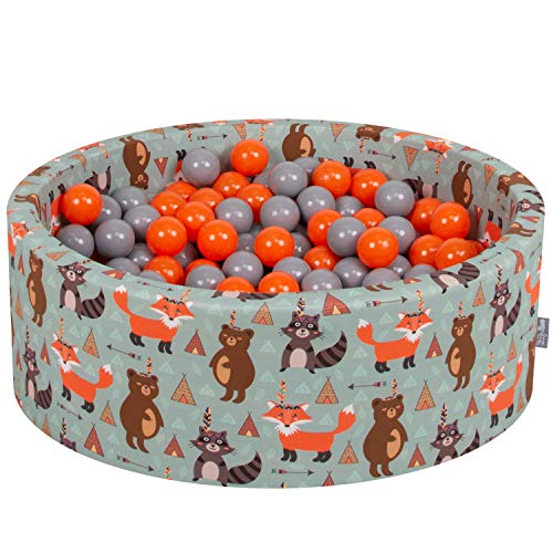 KiddyMoon Rund Bällebad Bällepool 90X30cm/200 Bälle ∅ 7Cm Ballgruben Mit Bunten Bällen Für Babys Spielbad Kleinkinder, Hergestellt In Der EU, Füchse-Grün:Orange/Grau von KiddyMoon