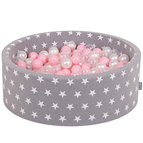 KiddyMoon Rund Bällebad Bällepool 90X30cm/200 Bälle ∅ 7Cm Sterne-Muster Ballgruben Für Babys Spielbad Kleinkinder, Hergestellt In Der EU, Grausterne: Rosa/Perle/Transparent von KiddyMoon