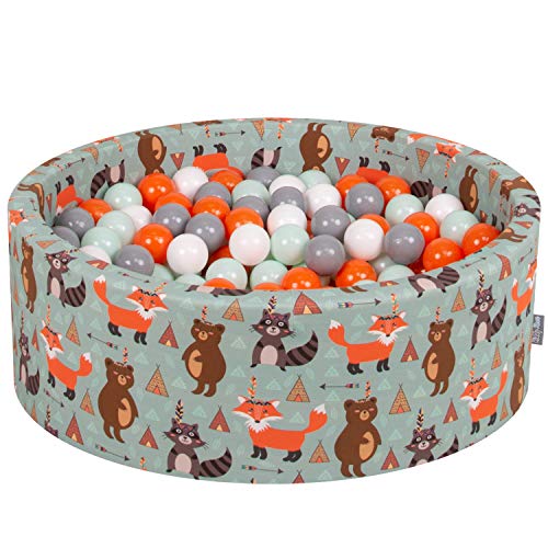 KiddyMoon Rund Bällebad Bällepool 90X30cm/300 Bälle ∅ 7Cm Ballgruben Mit Bunten Bällen Für Babys Spielbad Kleinkinder, Hergestellt In Der EU, Füchse-Grün:Orange/Mint/Grau/Weiß von KiddyMoon