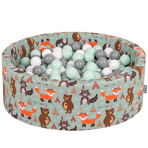 KiddyMoon Rund Bällebad Bällepool 90X30cm/300 Bälle ∅ 7Cm Ballgruben Mit Bunten Bällen Für Babys Spielbad Kleinkinder, Hergestellt In Der EU, Füchse-Grün:Weiß/Grau/Mint von KiddyMoon