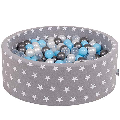 KiddyMoon Rund Bällebad Bällepool 90X30cm/300 Bälle ∅ 7Cm Sterne-Muster Ballgruben Für Babys Spielbad Kleinkinder, Hergestellt In Der EU, Grausterne: Transparent/Silbern/Perle/Baby Blau von KiddyMoon