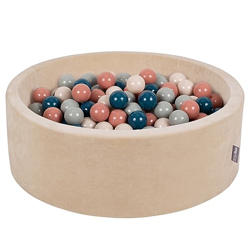 KiddyMoon Rund Bällebad Velvet Bällepool 90X30cm/200 Bälle ∅ 7Cm Ballgruben Für Babys Spielbad Kleinkinder, Hergestellt In EU, Sandbeige: Dunkeltürkis/Pastellbeige/Grüngrau/Lachsfarbe von KiddyMoon