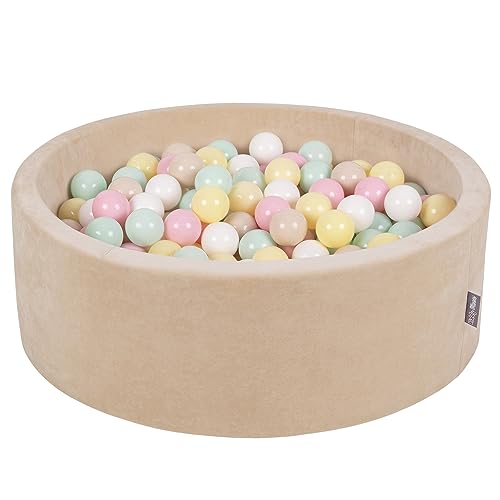 KiddyMoon Rund Bällebad Velvet Bällepool 90X30cm/200 Bälle ∅ 7Cm Ballgruben Für Babys Spielbad Kleinkinder, Hergestellt In EU, Sandbeige: Pastellbeige/Pastellgelb/Weiß/Mint/Puderrosa von KiddyMoon