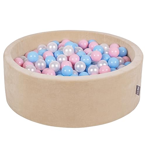 KiddyMoon Rund Bällebad Velvet Bällepool 90X30cm/300 Bälle ∅ 7Cm Ballgruben Für Babys Spielbad Kleinkinder, Hergestellt In EU, Sandbeige: Babyblau/Puderrosa/Perle von KiddyMoon