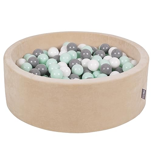 KiddyMoon Rund Bällebad Velvet Bällepool 90X30cm/300 Bälle ∅ 7Cm Ballgruben Für Babys Spielbad Kleinkinder, Hergestellt In EU, Sandbeige: Weiß/Grau/Mint von KiddyMoon