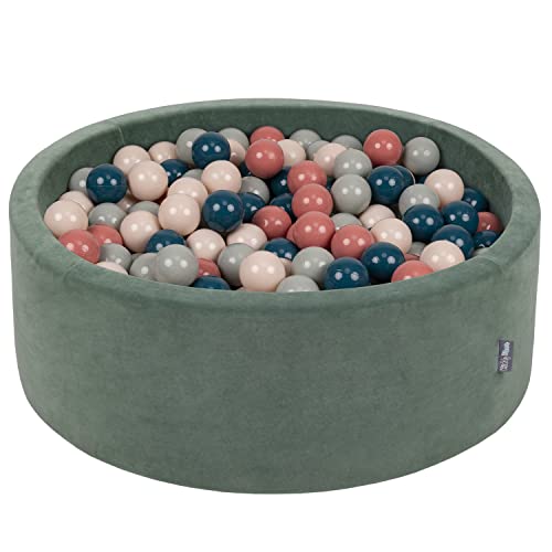 KiddyMoon Rund Bällebad Velvet Bällepool 90X30cm/300 Bälle ∅ 7Cm Ballgruben Für Babys Spielbad Kleinkinder, Hergestellt In Der EU, Waldgrün: Dunkeltürkis/Pastellbeige/Grüngrau/Lachsfarben von KiddyMoon