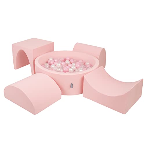 KiddyMoon Spielplatz Aus Schaumstoff Mit Rund Bällebad (200 Bälle) Ballgruben Für Babys Spielbad Hindernisläufen, Hergestellt In EU, Pink:Puderrosa/Perle/Transparent von KiddyMoon