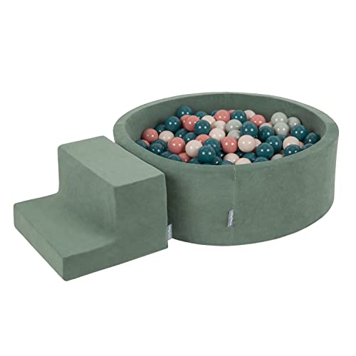 KiddyMoon Spielplatz Velvet Aus Schaumstoff Mit Rund Bällebad (100 Bälle) + Stüfchen Ballgruben Für Babys Spielbad, Hergestellt In EU, Waldgrün: Dunkeltürkis/Pastellbeige/Grüngrau/Lachsfarben von KiddyMoon