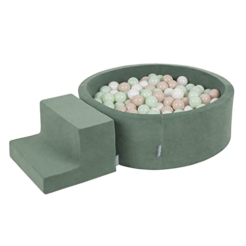 KiddyMoon Spielplatz Velvet Aus Schaumstoff Mit Rund Bällebad (200 Bälle) + Stüfchen Ballgruben Für Babys Spielbad, Hergestellt In EU, Pastellbeige/Weiß/Minze von KiddyMoon