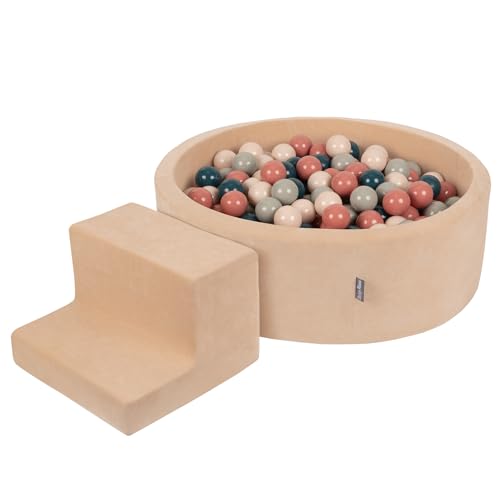 KiddyMoon Spielplatz Velvet Aus Schaumstoff Mit Rund Bällebad (200 Bälle) + Stüfchen Ballgruben Für Babys Spielbad, Sandbeige:Dunkeltürkis/Pastellbeige/Grüngrau/Lachsfarben von KiddyMoon