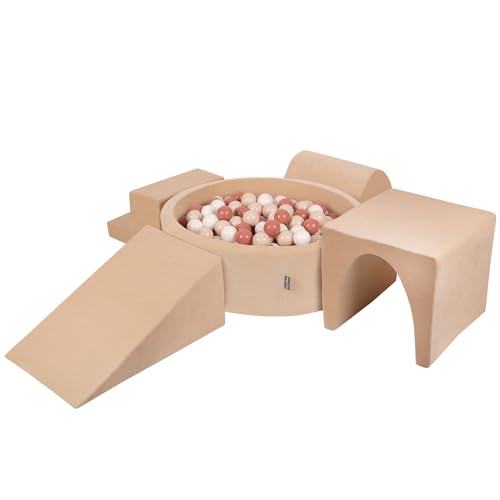 KiddyMoon Spielplatz Velvet Aus Schaumstoff Mit Samt Rund Bällebad (200 Bälle) Ballgruben Für Babys Spielbad Hindernisläufen, Sandbeige:Pastellbeige/Lachsfarben/Weiß von KiddyMoon