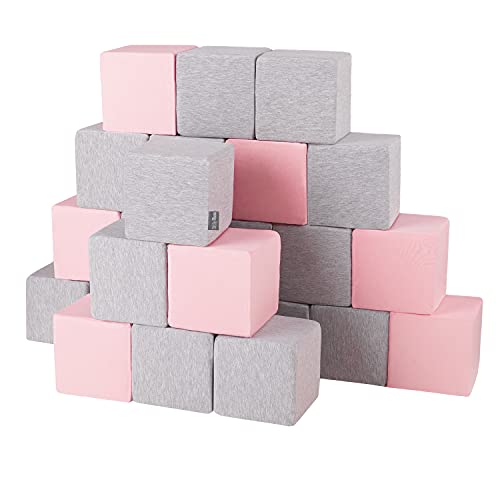 KiddyMoon Schaumstoff Würfel 14 cm Weiche Blöcke 24 Stücke Für Kinder Softbausteine UE, Blöcke: Hellgrau-Pink von KiddyMoon