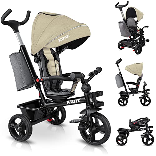 KIDIZ® Dreirad 5in1 Kinderdreirad mit Schubstange Lenksystem Stange ab 1 Jahr, Jogger vorwärts und Rückwärtsfahrt,Korb Tasche Getränkehalter Sonnendach Gummiräder Buggy Fahrrad Baby Klappbar, Beige von Kidiz