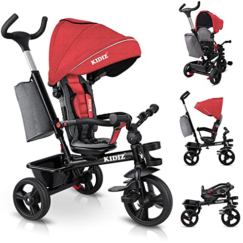 KIDIZ® Dreirad 5in1 Kinderdreirad mit Schubstange Lenksystem Stange ab 1 Jahr, Jogger vorwärts und Rückwärtsfahrt,Korb Tasche Getränkehalter Sonnendach Gummiräder Buggy Fahrrad Baby Klappbar, Rot von Kidiz