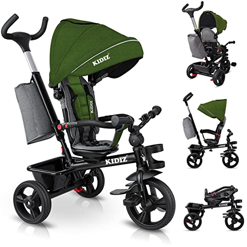 KIDIZ® Dreirad 5in1 Kinderdreirad mit Schubstange Lenksystem Stange ab 1 Jahr, Jogger vorwärts und Rückwärtsfahrt,Korb Tasche Getränkehalter Sonnendach Gummiräder Buggy Fahrrad Baby Klappbar, Khaki von Kidiz