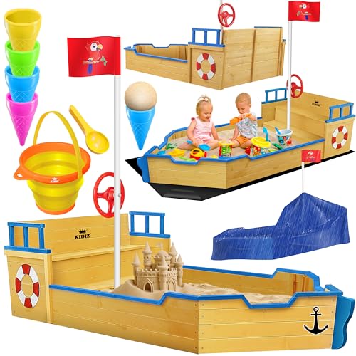 KIDIZ® Sandkasten AHOI - Piratenschiff Boot Segelschiff aus Holz Inkl. Abdeckung, Bodenplane, Sitzbank, Flaggenmast, Spielzeuge | Große Kinder Sandkiste für den Garten | Outdoor Sandbox Blau von Kidiz