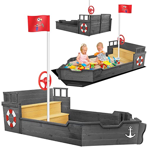 KIDIZ® Sandkasten AHOI - Piratenschiff Boot Segelschiff aus Holz Inkl. Abdeckung, Bodenplane, Sitzbank, Flaggenmast, Spielzeuge | Große Kinder Sandkiste für den Garten | Outdoor Sandbox Antrazit von Kidiz