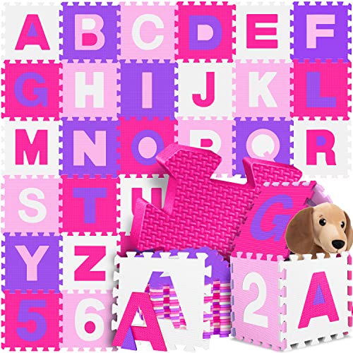 KIDIZ® Spielmatte 86 TLG Spielteppich Puzzlematte Kinderteppich Schutzmatte Kinderspielteppich Schaumstoffmatte ABC Lernteppich Puzzleteppich Puzzle Zahlen Buchstaben Maß je Matte ca. 31,5x31,5cm Rosa von Kidiz