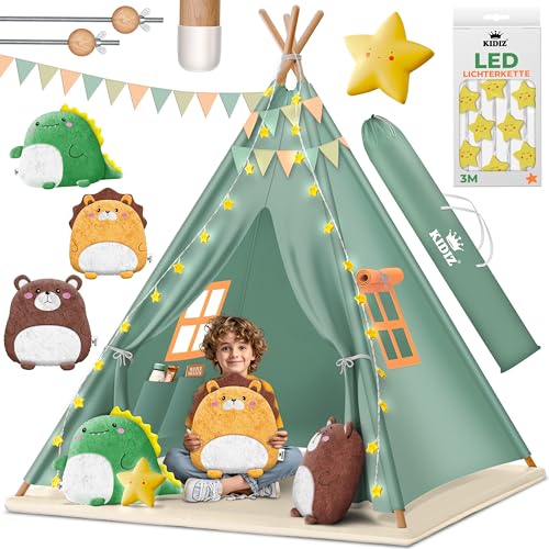 KIDIZ® Tipi Zelt für Kinder Spielzelt 100x100x160cm Kinderzelt aus Baumwolle mit LED-Lichterkette, Leuchtstern, Fahnengirlande, 3 Plüschtiere, Untermatte & Tragetasche Spielhaus für drinnen & draußen von Kidiz