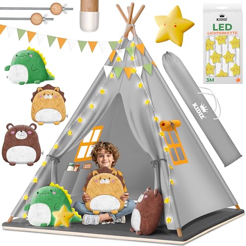 KIDIZ® Tipi Zelt für Kinder Spielzelt 100x100x160cm Kinderzelt aus Baumwolle mit LED-Lichterkette, Leuchtstern, Fahnengirlande, 3 Plüschtiere, Untermatte & Tragetasche Spielhaus für drinnen & draußen von Kidiz