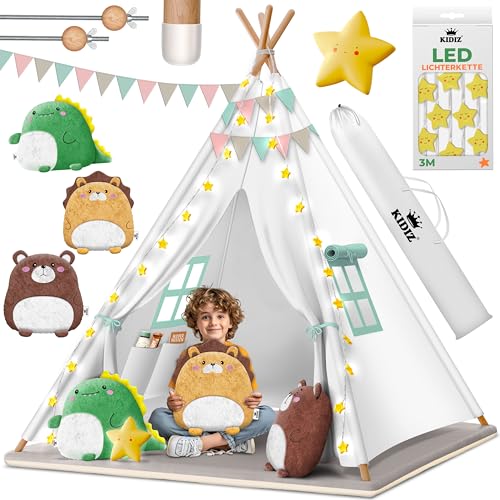 KIDIZ® Tipi Zelt für Kinder Spielzelt 100x100x160cm Kinderzelt aus Baumwolle mit LED-Lichterkette, Leuchtstern, Fahnengirlande, 3 Plüschtiere, Untermatte & Tragetasche Spielhaus für drinnen & draußen von Kidiz