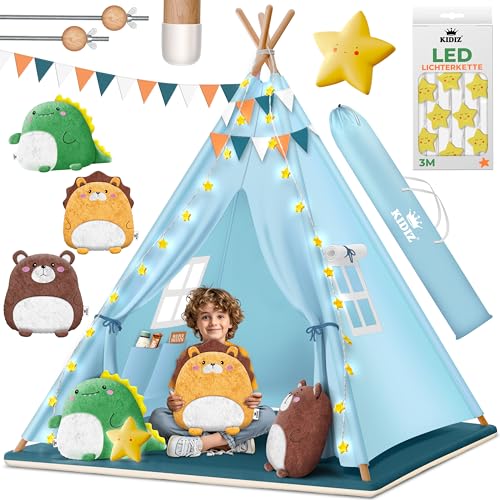 KIDIZ® Tipi Zelt für Kinder Spielzelt 100x100x160cm Kinderzelt aus Baumwolle mit LED-Lichterkette, Leuchtstern, Fahnengirlande, 3 Plüschtiere, Untermatte & Tragetasche Spielhaus für drinnen & draußen von Kidiz