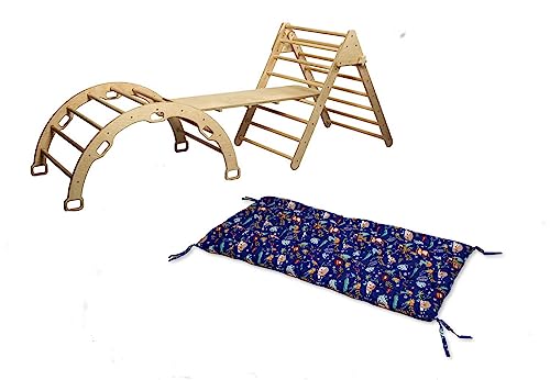 Montessori Kletterset | Kletterdreieck Kletterbogen & Leiter Rampe | Kletterbogen mit Kissen | Holz Kletterset mit Kissen | Klettergerüst Set mit Rampe und Kissen (Jungle) von Kidodido