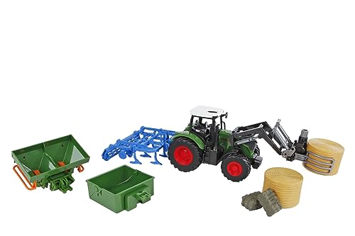 Kids GLOBE Traktor mit Zubehör 8tlg (grüner Bulldog mit Zwei Heuballen, Zwei Strohballen, Kipper, Frontlader, Pflug und Säkorb, Landwirtschaft,Bauernhof) 540479 von Kids Globe