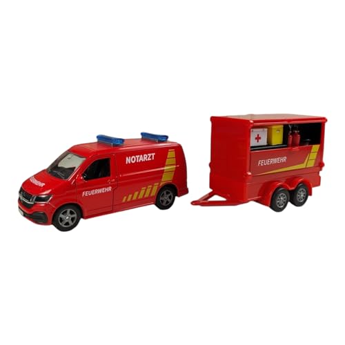 Kids Globe VW Transporter Feuerwehr mit Anhänger DE Die Cast Pull Back 27,5cm, Spielzeug für Kinder, 520321, Rot von Kids Globe