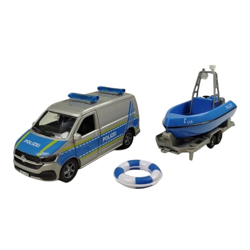 Kids Globe VW Transporter Polizei mit Boot DE Die Cast Pull Back 29cm, Spielzeug für Kinder, 520360, Blau von Kids Globe