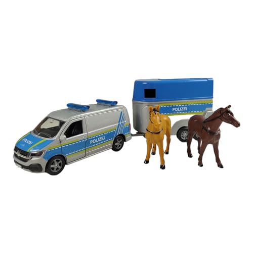 Kids Globe VW Transporter Polizei mit Pferdeanhänger Die Cast Pull Back 28cm, Spielzeug für Kinder, 520359, Blau von Kids Globe